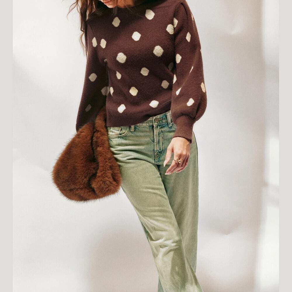 Brown Polka Dot Knit Sweater with Puff Sleeves and Round Neck - Picture 2 of 7